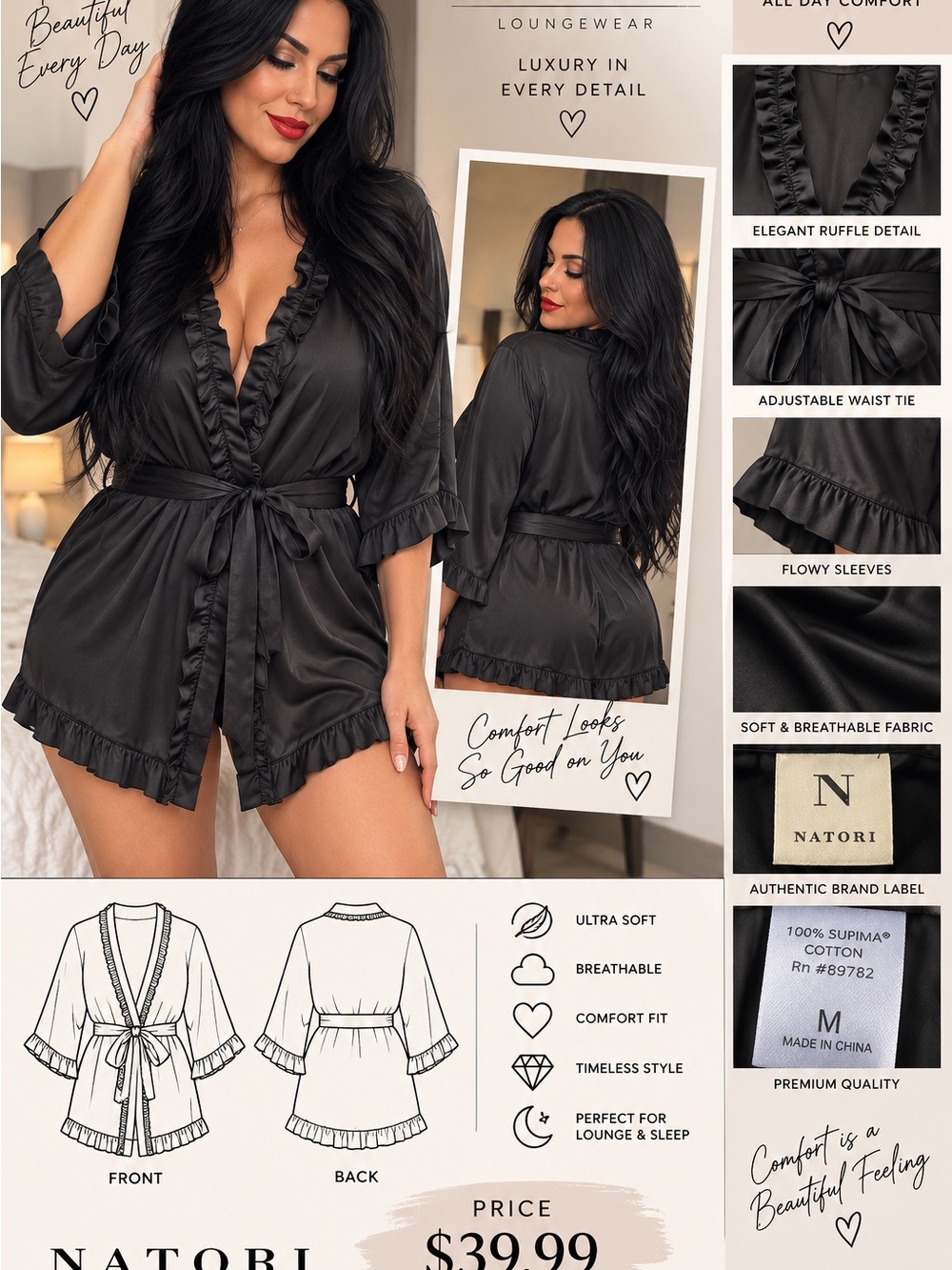 Natori Black Satin Ruffle Short Robe with Waist Tie